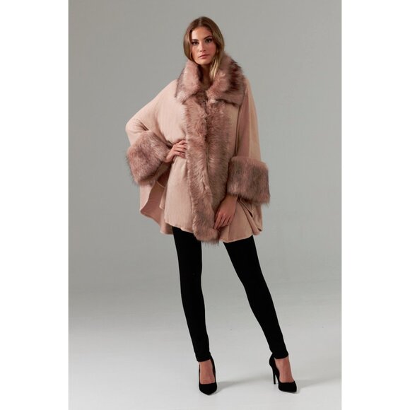 NWOT Joseph Ribkoff nude blush pink knit cape with faux fur accents, OS - Picture 4 of 9